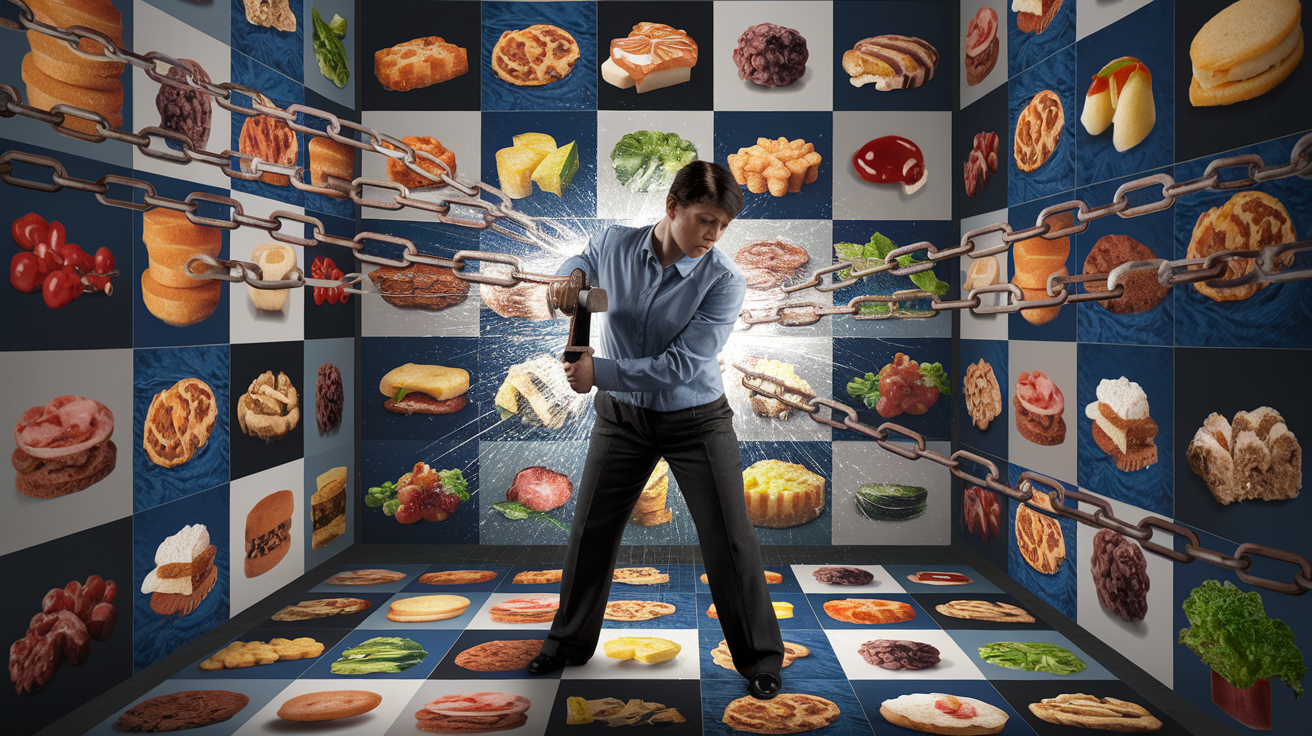 Person mindfully enjoying a meal with a peaceful expression, illustrating the liberation of accepting food thoughts rather than fighting them
