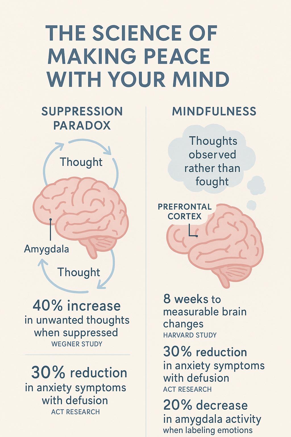 Illustration showing the ironic process of thought suppression with brain scans or diagrams demonstrating increased neural activity when trying to suppress thoughts